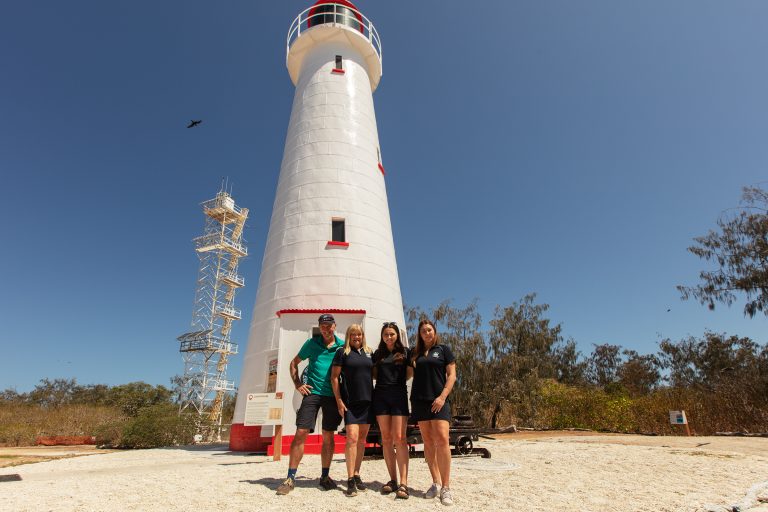 Peter, Julie, Amy and Chloe Gash in front of the historic lighthouse on Lady Elliot Island